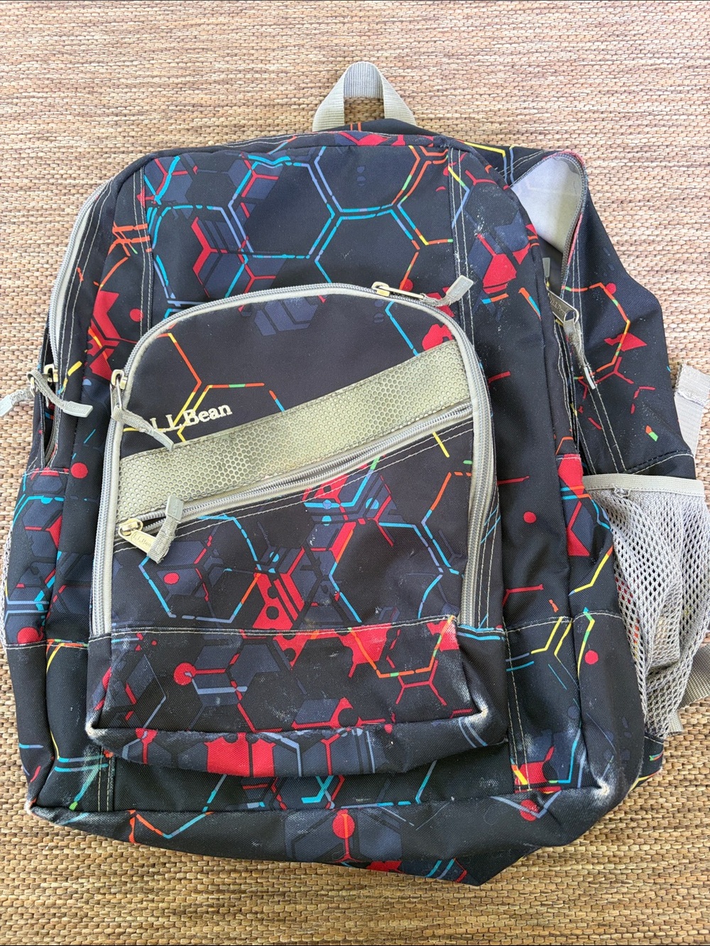 L.L. Bean Black Backpack with Red and Blue Geometric Print